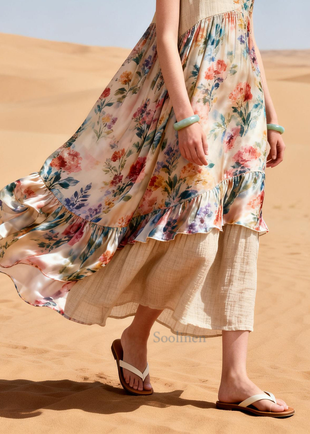 Stylish Apricot Oversized Patchwork Linen Chiffon Holiday Dress Summer