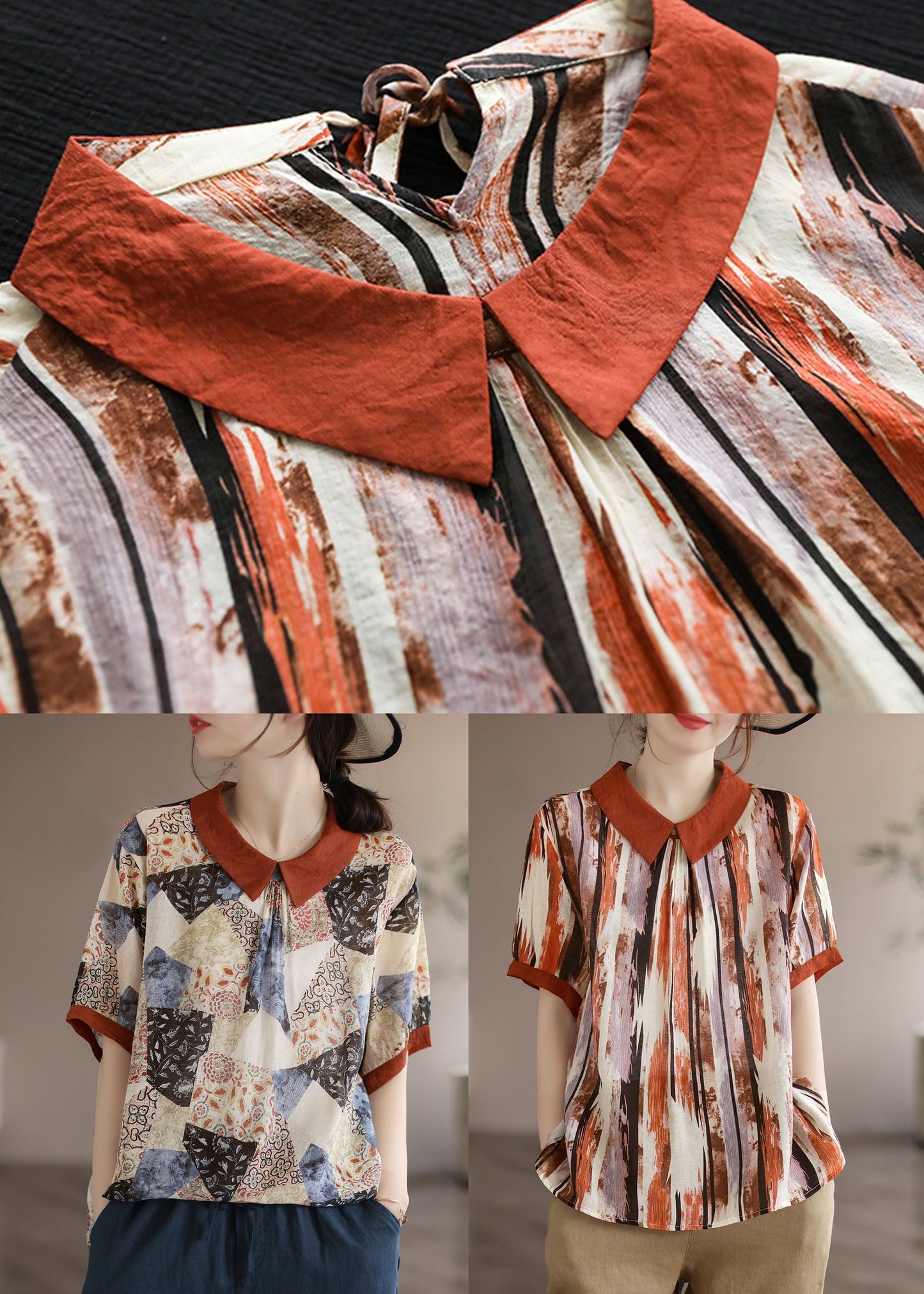 Camiseta de algodón con cuello Peter Pan y estampado patchwork en color albaricoque para verano