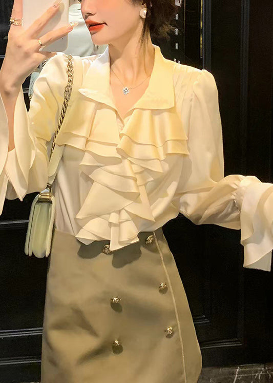 Stylish Apricot Peter Pan Collar Ruffled Chiffon Shirts Spring