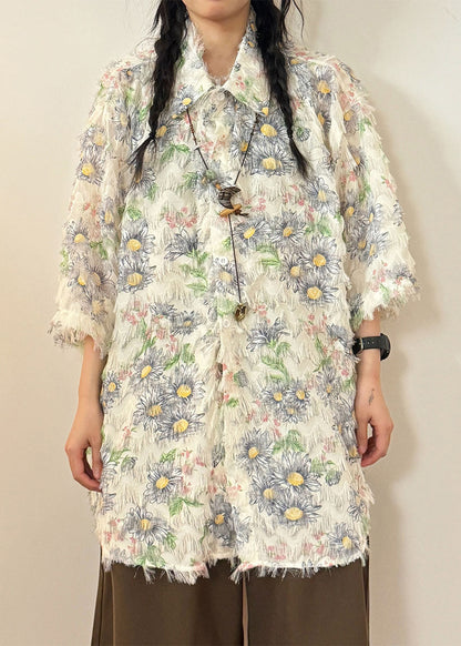 Stylish Apricot Peter Pan Collar Sunflower Cotton Shirt Tops Summer