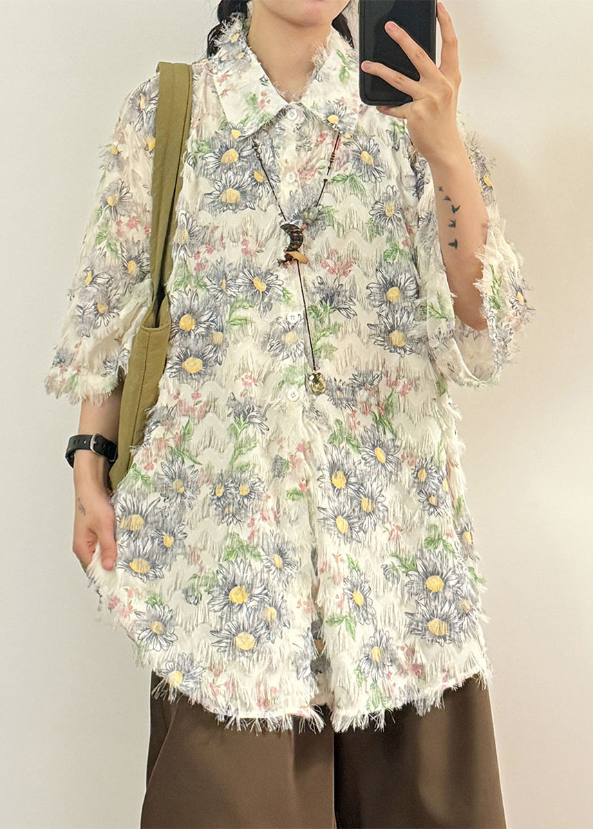 Stylish Apricot Peter Pan Collar Sunflower Cotton Shirt Tops Summer