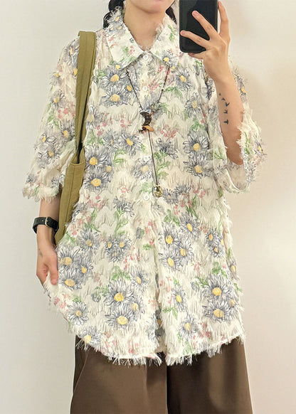 Stylish Apricot Peter Pan Collar Sunflower Cotton Shirt Tops Summer