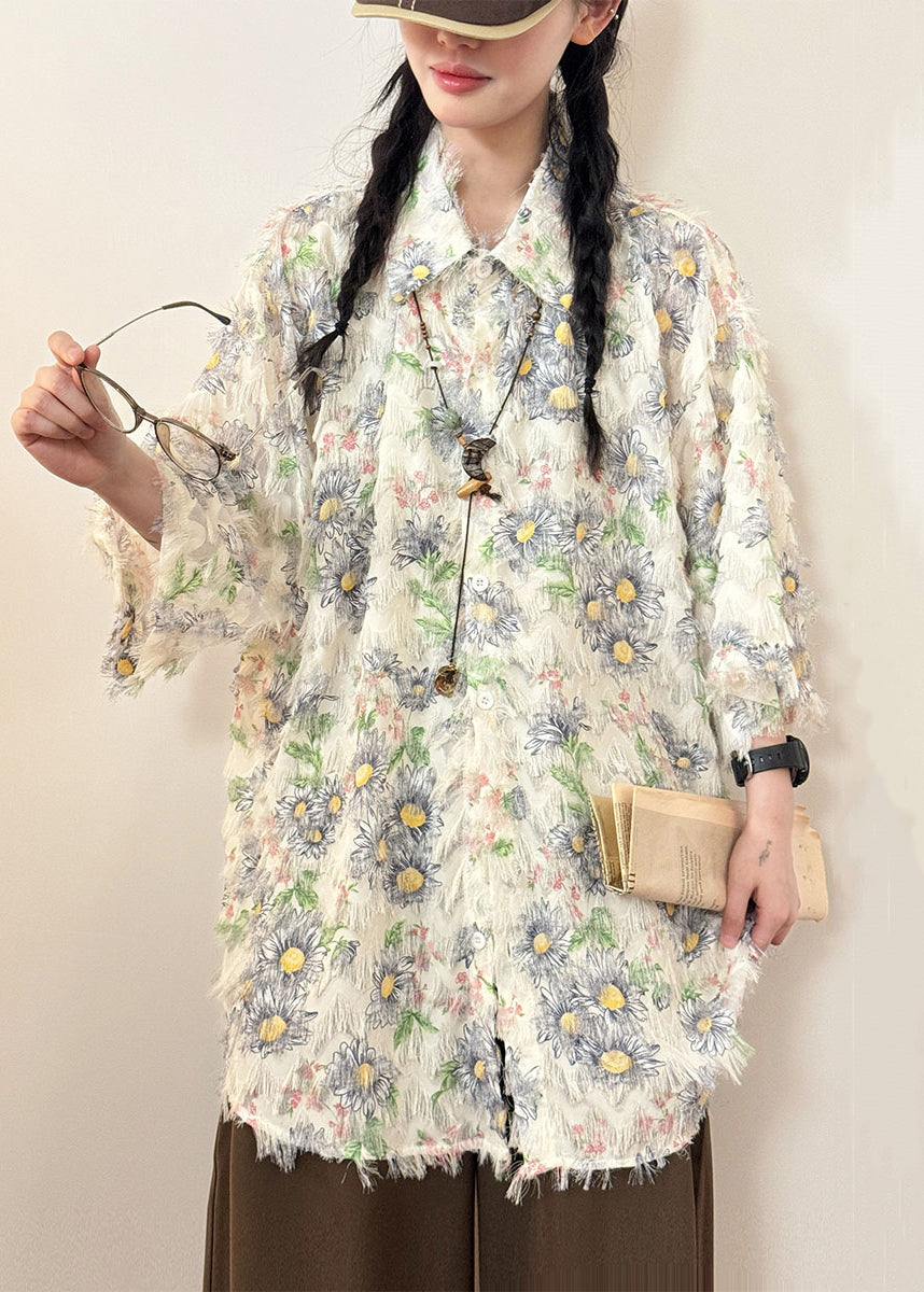 Stylish Apricot Peter Pan Collar Sunflower Cotton Shirt Tops Summer