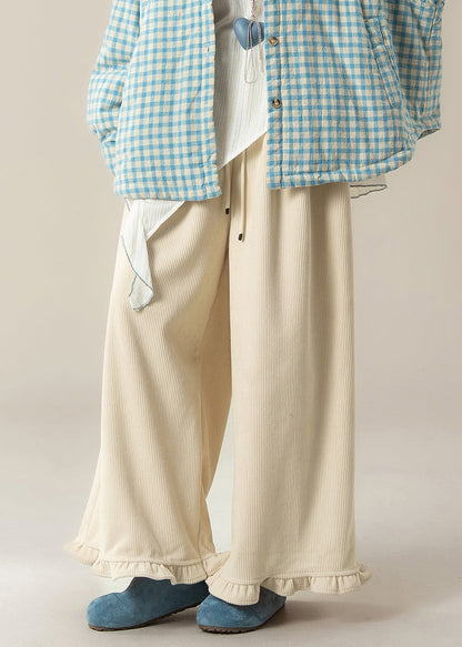 Elegante aprikosenfarbene Cordhose mit Rüschen, elastischem Bund und weitem Bein für den Winter