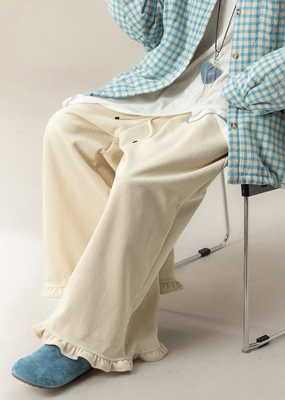 Elegante aprikosenfarbene Cordhose mit Rüschen, elastischem Bund und weitem Bein für den Winter