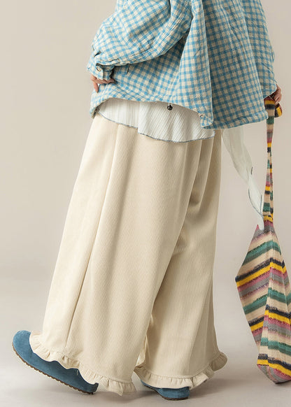 Elegante aprikosenfarbene Cordhose mit Rüschen, elastischem Bund und weitem Bein für den Winter