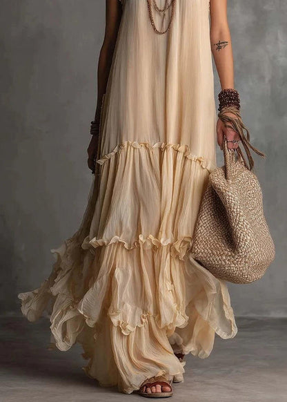 Stylish Apricot Ruffled O-Neck Chiffon Ankle Dress Sleeveless