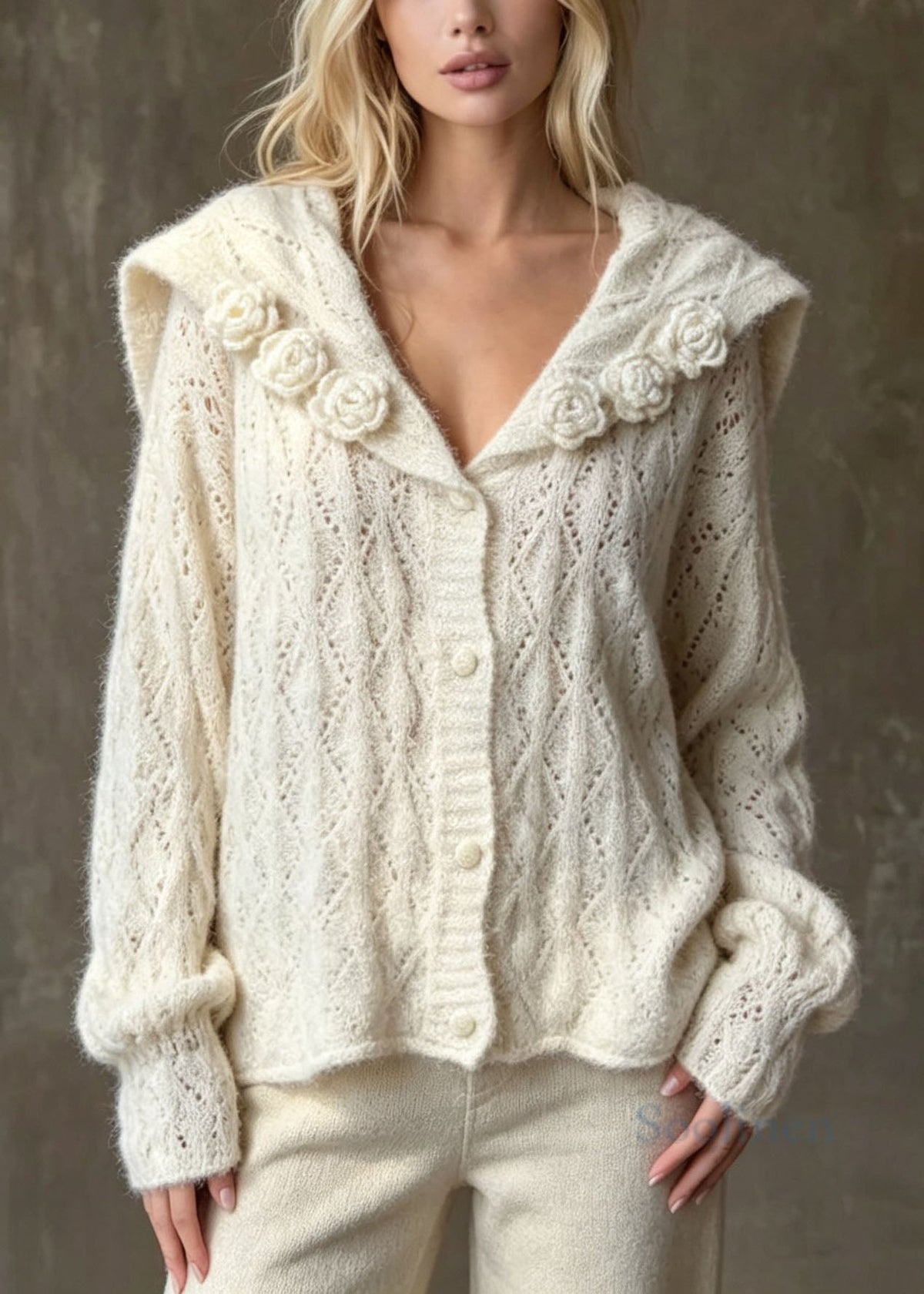 Stylish Apricot Sailor Collar Floral Knit Cardigan Fall