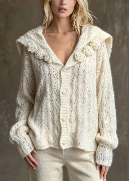Stylish Apricot Sailor Collar Floral Knit Cardigan Fall