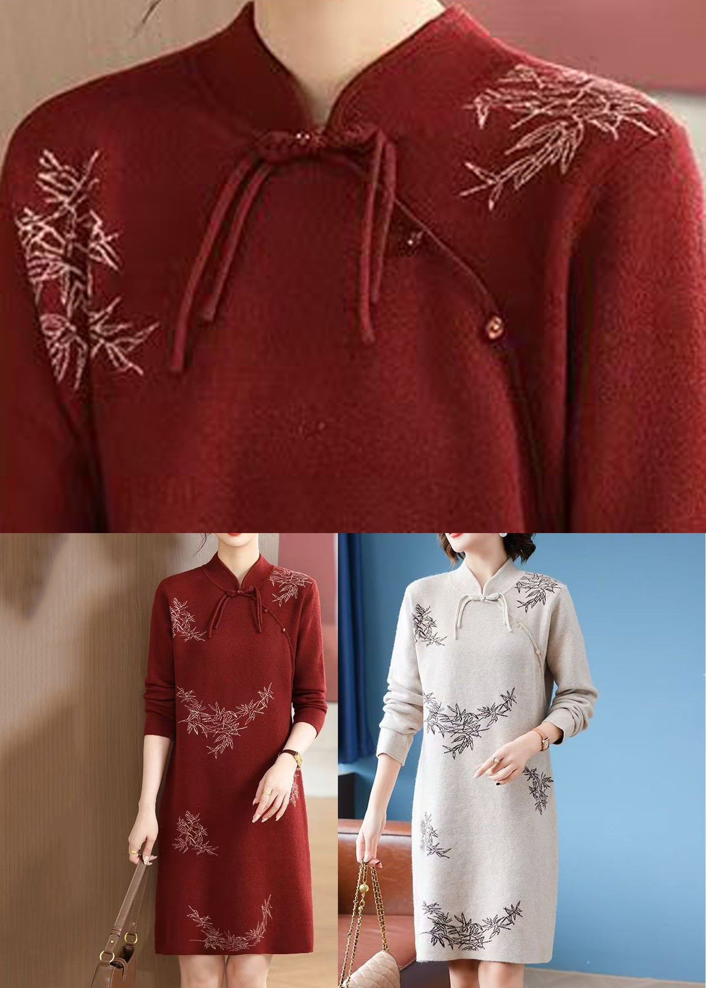 Elegantes apricotfarbenes, langes Strickkleid aus Baumwolle mit Stehkragen und Knöpfen – perfekt für den Frühling