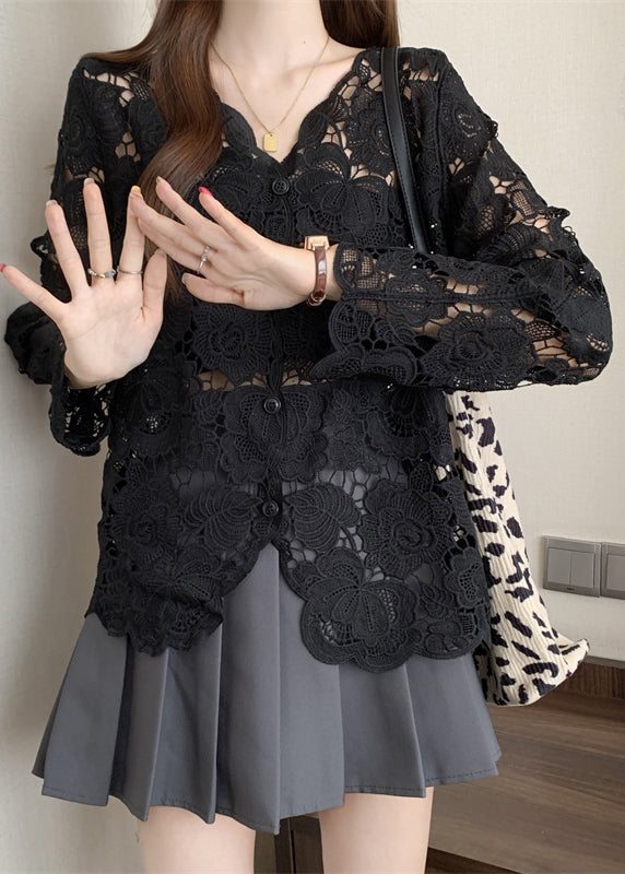 Elegante cárdigan de encaje calado con botones y escote en V color albaricoque para primavera