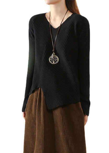 Stilvolle Apricot V-Ausschnitt asymmetrisches Design Herbst Strickpullover