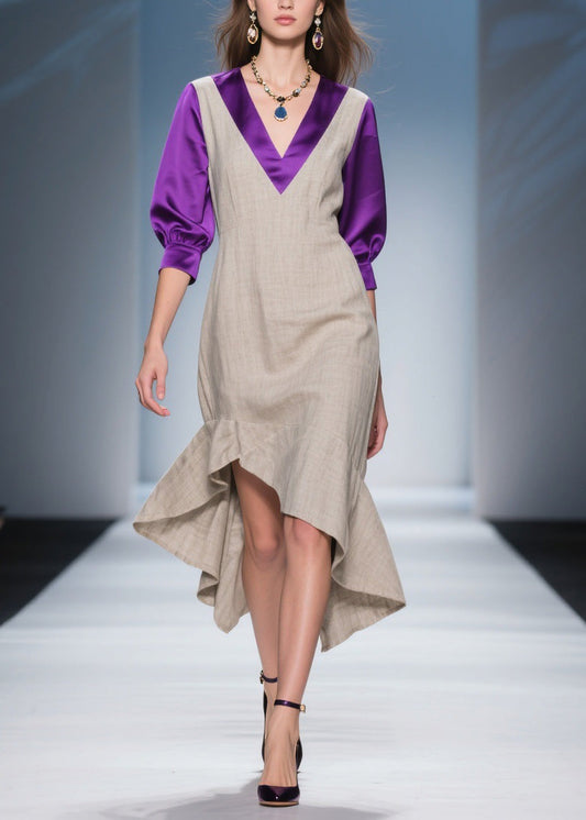 Stylish Asymmetrical Design Patchwork Linen Silk Dress Summer