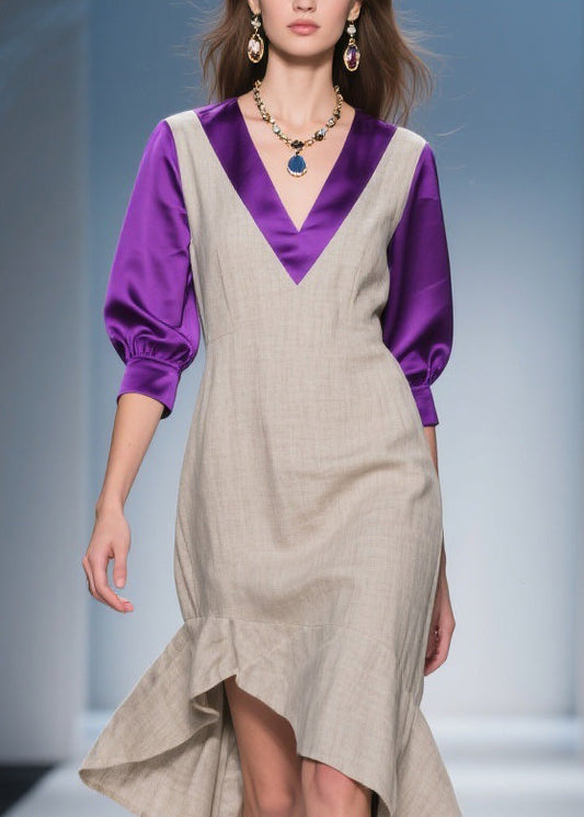 Stylish Asymmetrical Design Patchwork Linen Silk Dress Summer