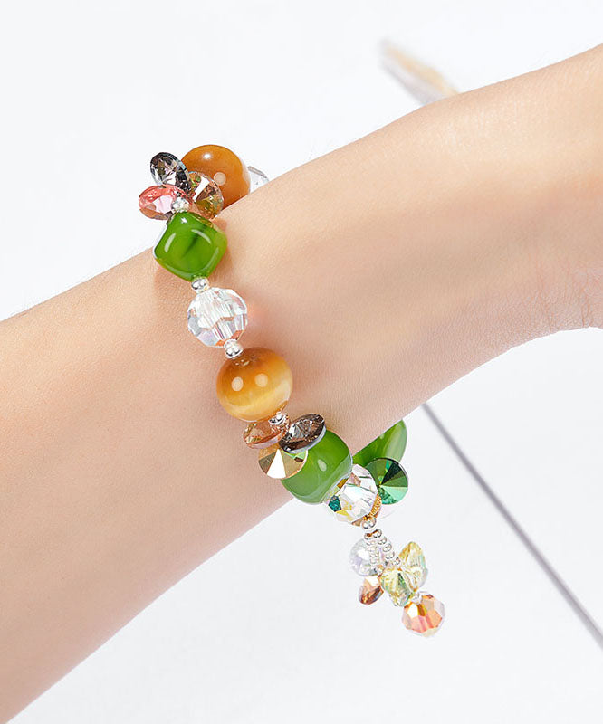 Stylish Avocado Green Crystal Agate Tiger's Eye Charm Bracelet