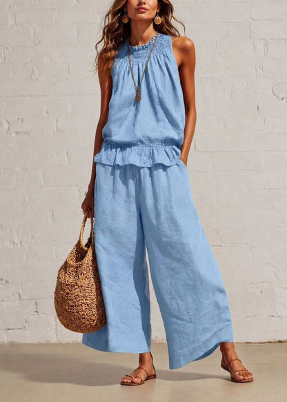 Stylish Baby Blue Cold Shoulder Cotton Two Pieces Set Summer