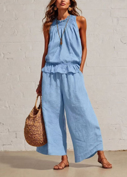 Stylish Baby Blue Cold Shoulder Cotton Two Pieces Set Summer