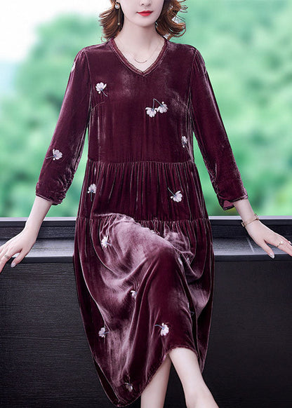 Stilvolle Bean paste rot V-ausschnitt Bestickt Velour Kleider Frühling