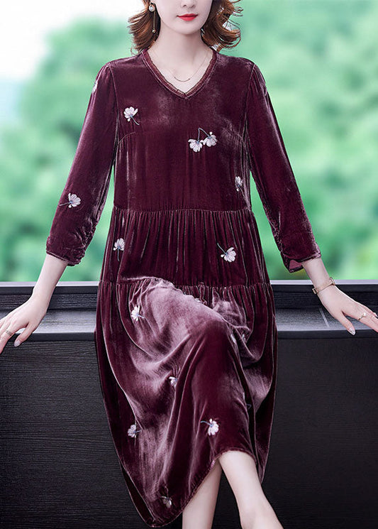 Stilvolle Bean paste rot V-ausschnitt Bestickt Velour Kleider Frühling