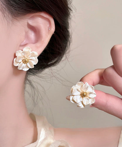 Stylish Beige Copper Alloy Acrylic Floral Stud Earrings