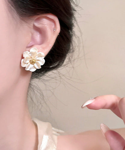 Stylish Beige Copper Alloy Acrylic Floral Stud Earrings
