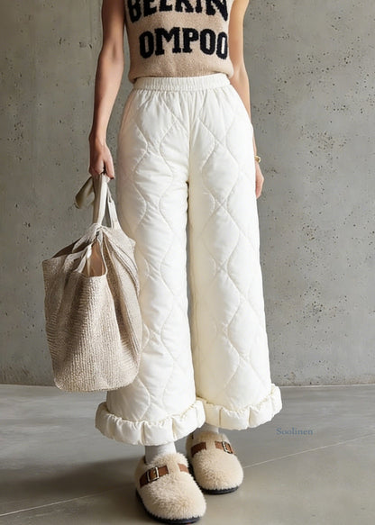 Stylish Beige Elastic Waist Solid Fine Cotton Filled Crop Pants