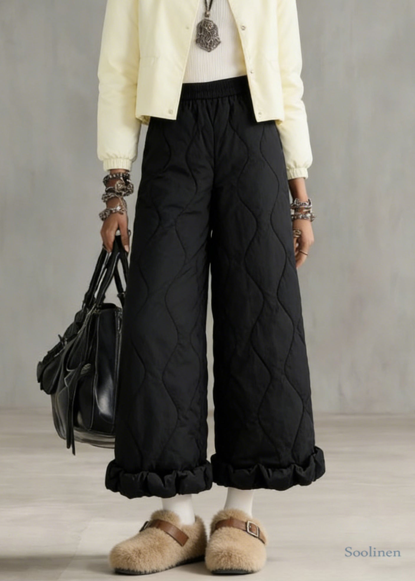 Stylish Beige Elastic Waist Solid Fine Cotton Filled Crop Pants