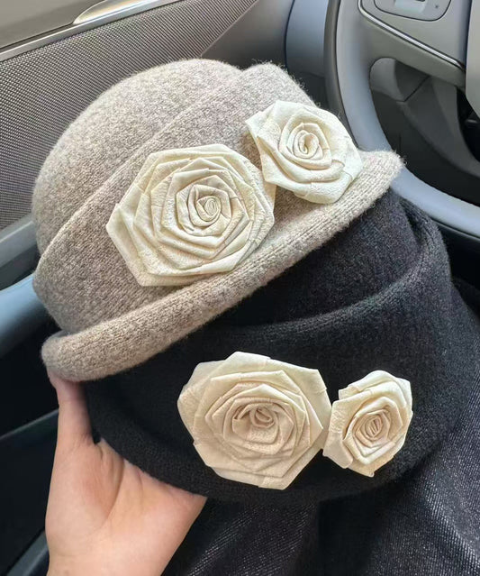 Stylish Beige Floral Woolen Warm Bucket Hat