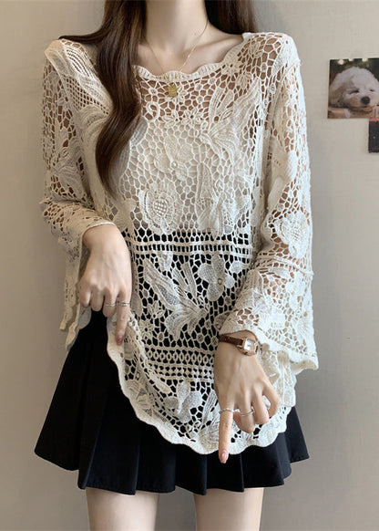 Stylish Beige Hollow Out Lace Knit Tops Summer