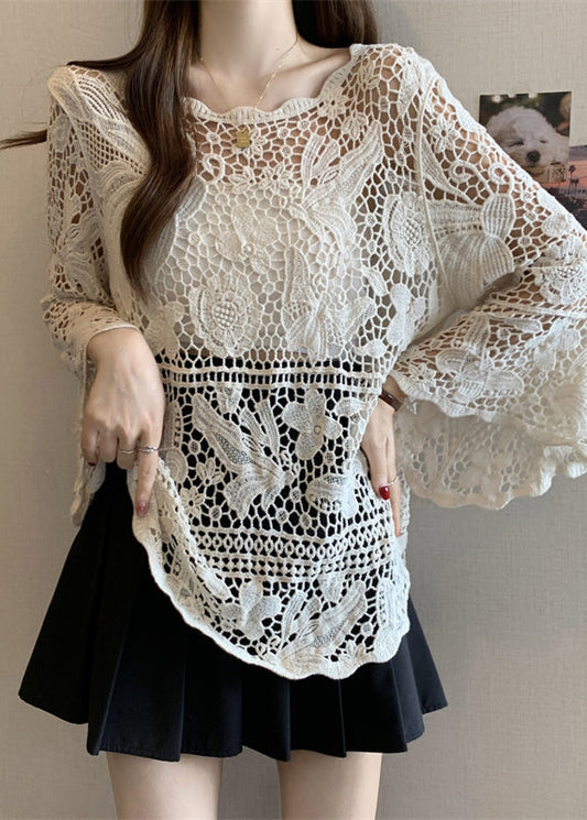 Stylish Beige Hollow Out Lace Knit Tops Summer