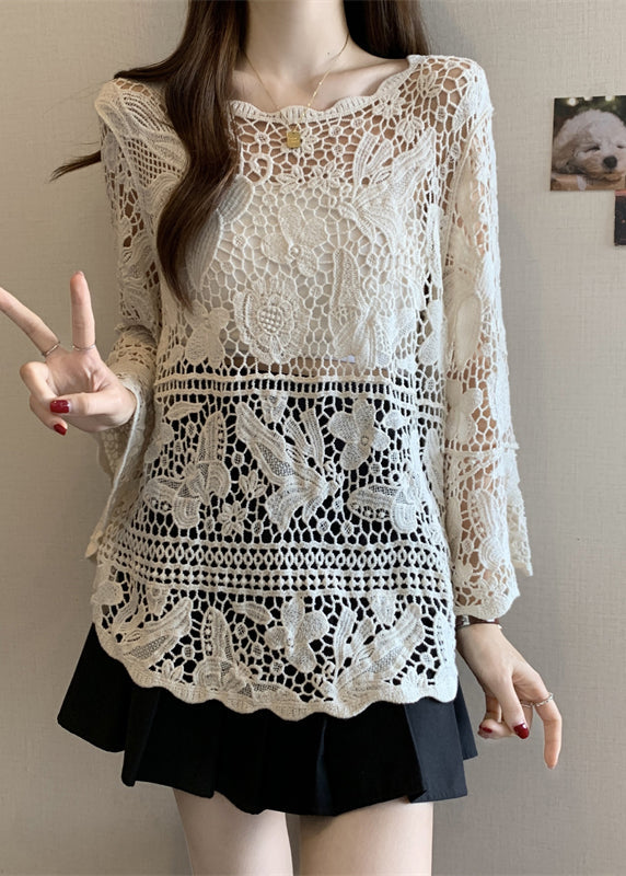 Stylish Beige Hollow Out Lace Knit Tops Summer
