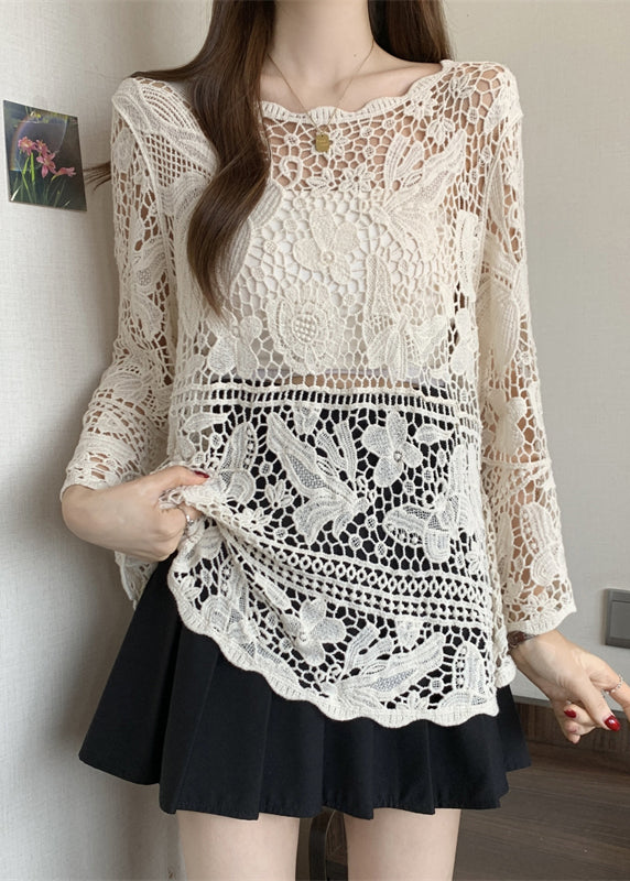 Stylish Beige Hollow Out Lace Knit Tops Summer