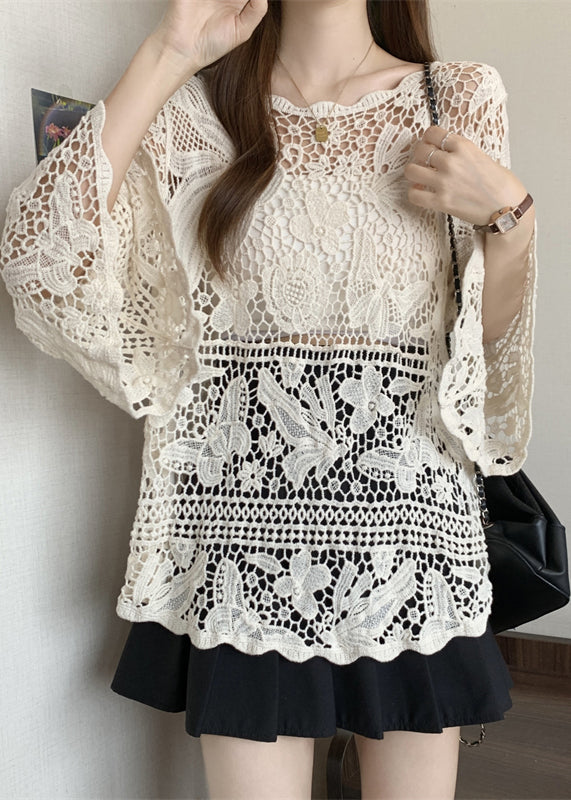 Stylish Beige Hollow Out Lace Knit Tops Summer