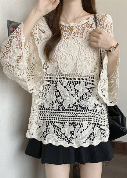 Stylish Beige Hollow Out Lace Knit Tops Summer