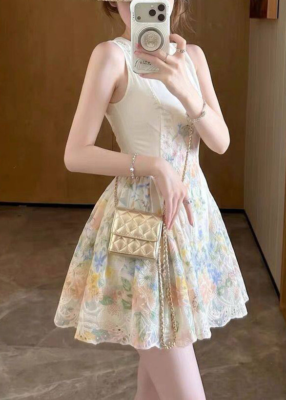 Stylish Beige O Neck Embroidered Cotton Mini Dresses Sleeveless
