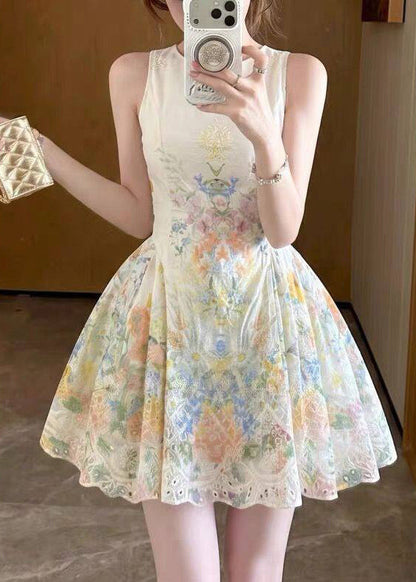 Stylish Beige O Neck Embroidered Cotton Mini Dresses Sleeveless