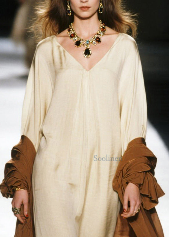 Elegante vestido de fiesta de algodón beige extragrande con patchwork y dobladillo extragrande