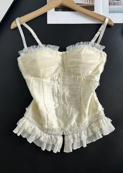 Stylish Beige Patchwork Lace Spaghetti Strap Tops Summer