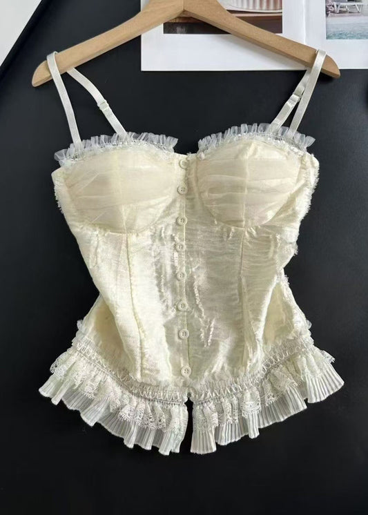 Stylish Beige Patchwork Lace Spaghetti Strap Tops Summer