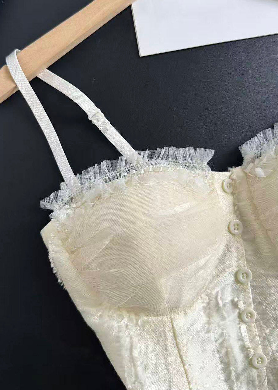 Stylish Beige Patchwork Lace Spaghetti Strap Tops Summer