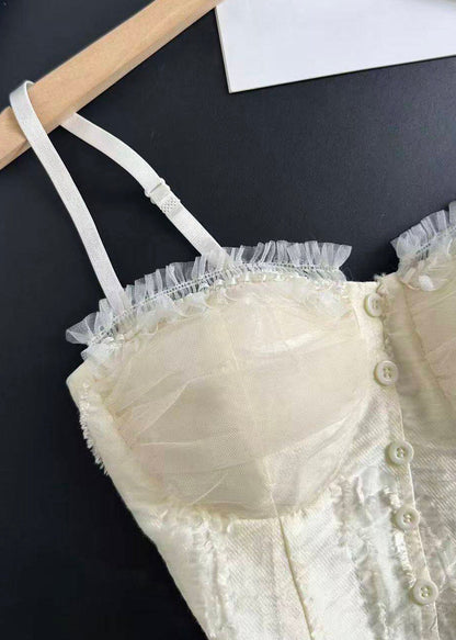 Stylish Beige Patchwork Lace Spaghetti Strap Tops Summer