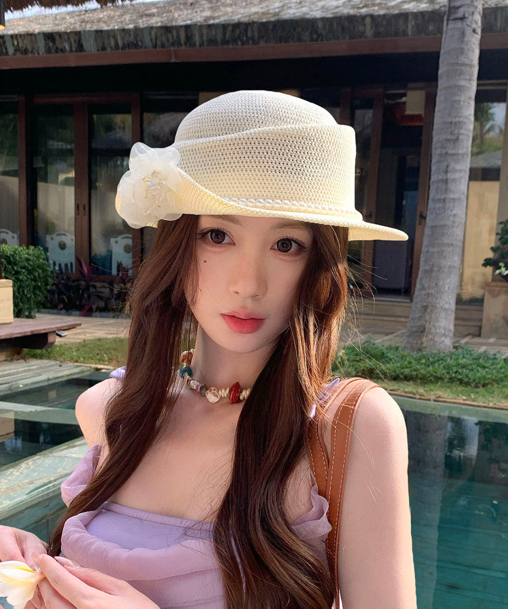 Stylish Beige Pearl Flower Hollow Straw Woven Bucket Hat