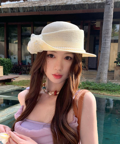 Stylish Beige Pearl Flower Hollow Straw Woven Bucket Hat