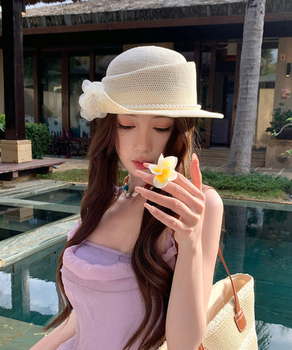 Stylish Beige Pearl Flower Hollow Straw Woven Bucket Hat