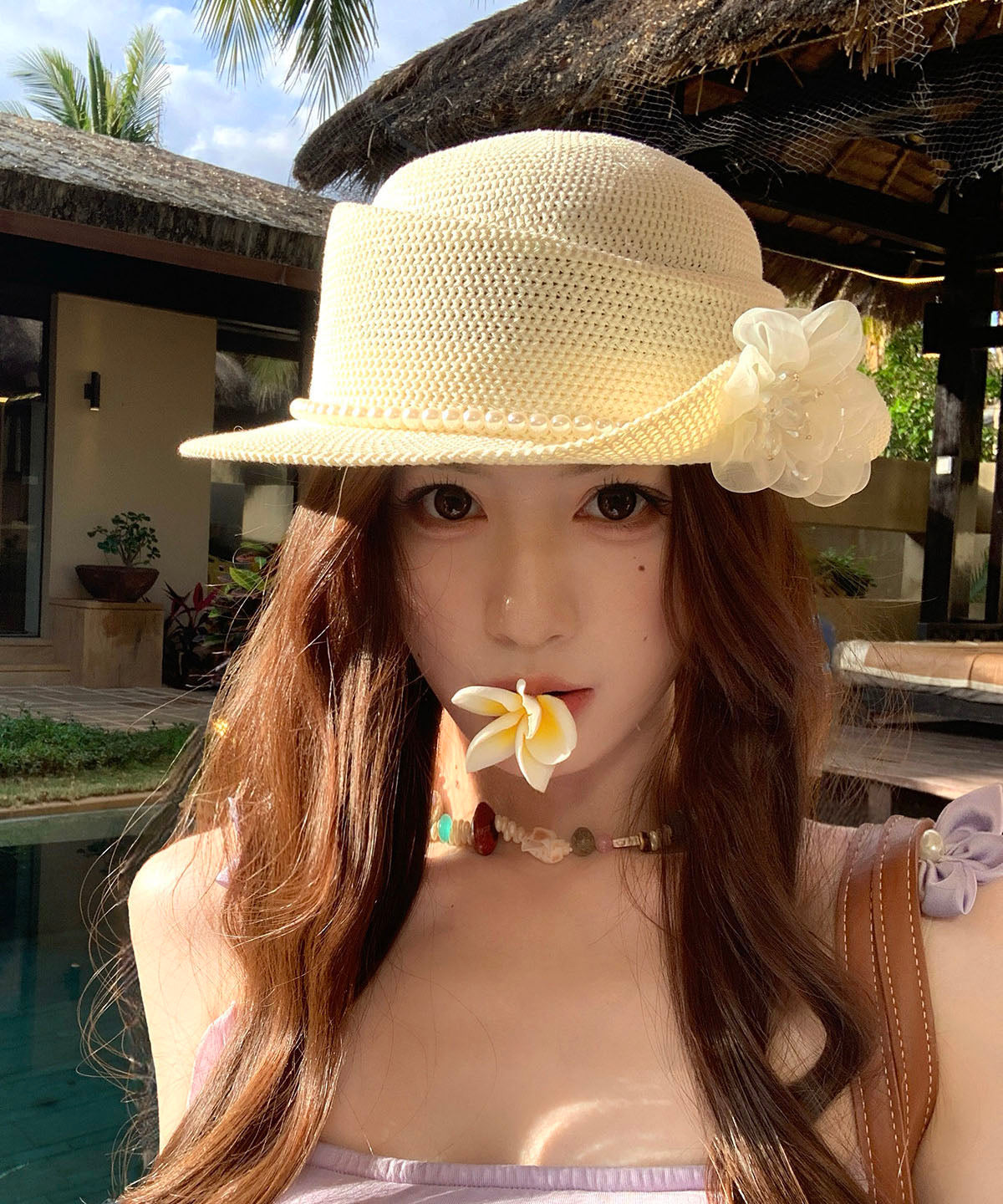 Stylish Beige Pearl Flower Hollow Straw Woven Bucket Hat
