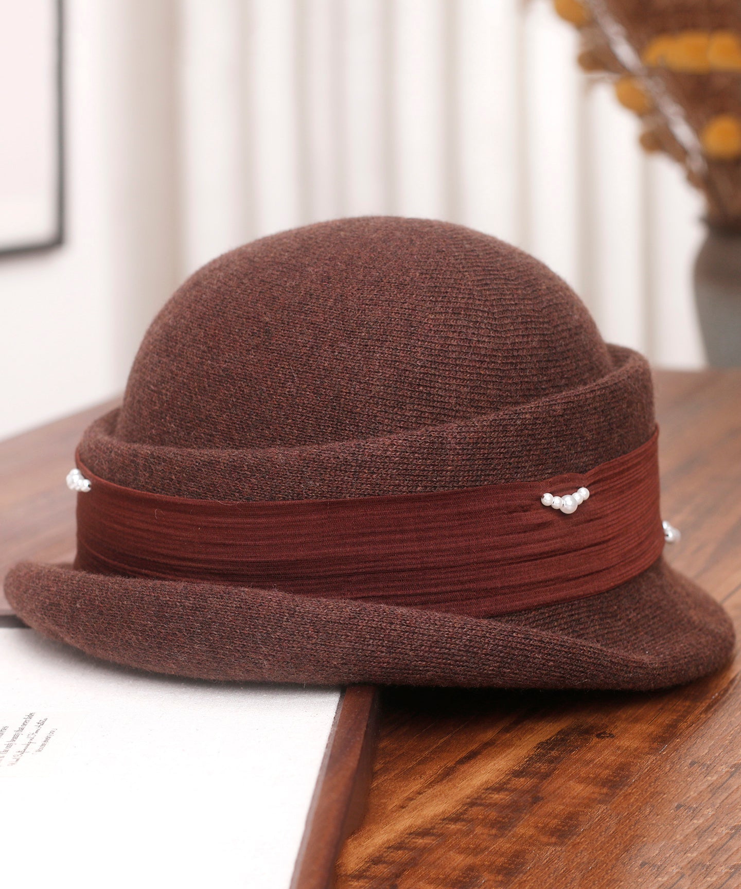Stylish Beige Pearl Woolen Bucket Hat