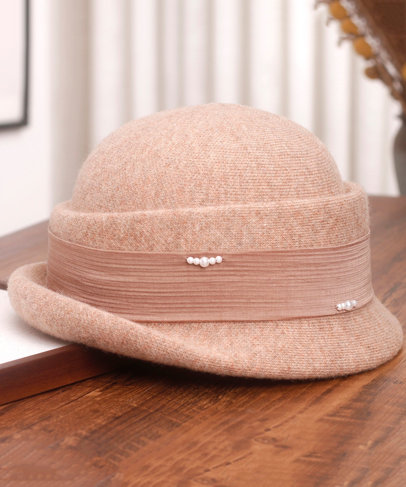 Stylish Beige Pearl Woolen Bucket Hat