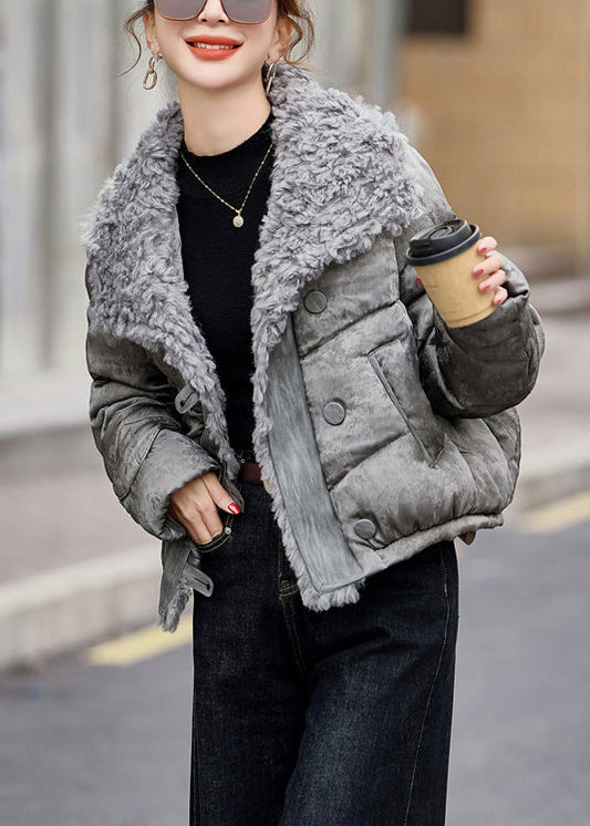 Chaquetas de plumón de pato con cuello Peter Pan beige y pelo mullido para invierno