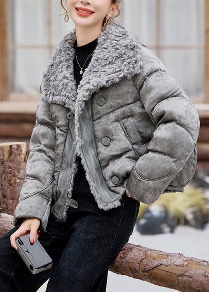 Chaquetas de plumón de pato con cuello Peter Pan beige y pelo mullido para invierno