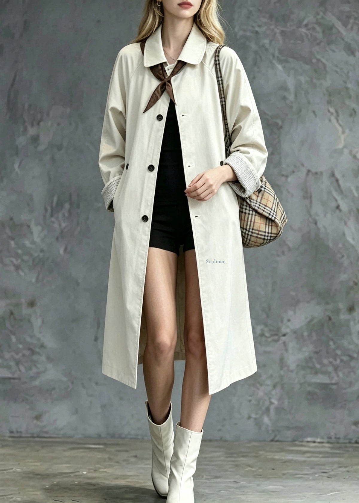 Stylish Beige Peter Pan Collar Pockets Long Trench Coats Fall
